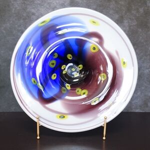 Vintage Large Murano Style Hand Blown Blue Purple Spotted Art Glass Bowl